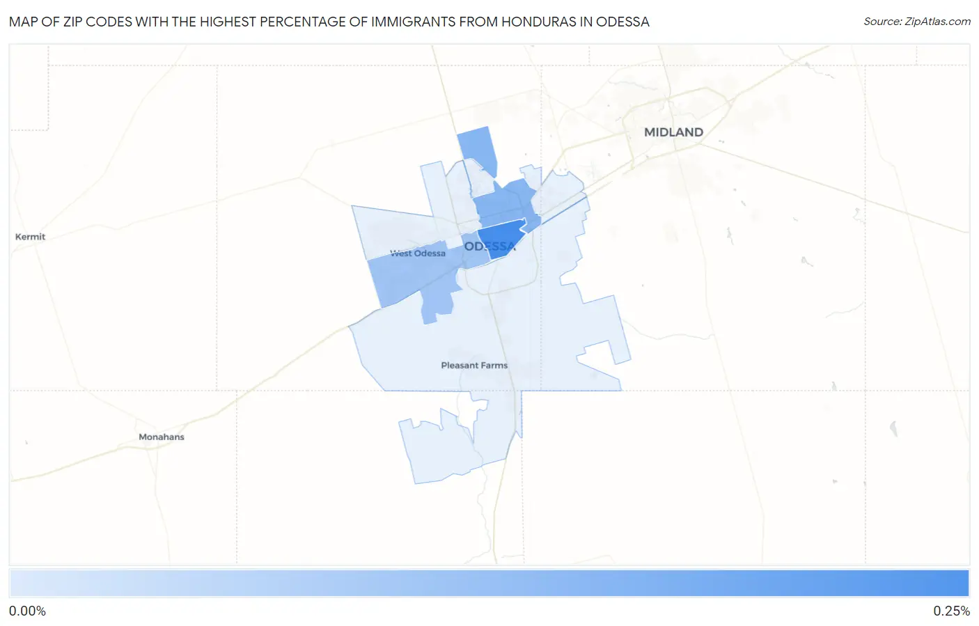 Zip Codes with the Highest Percentage of Immigrants from Honduras in Odessa Map
