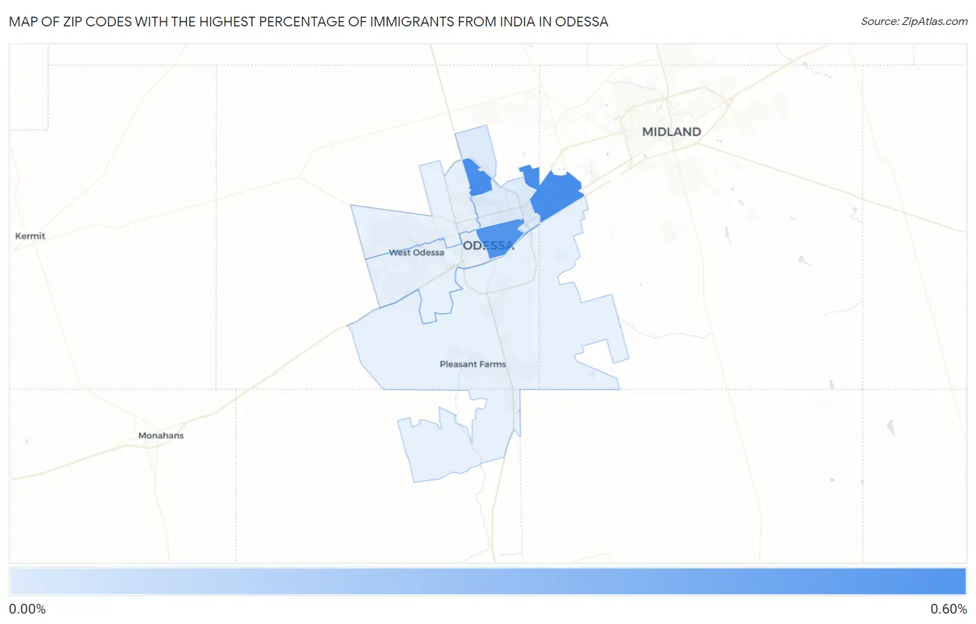 Zip Codes with the Highest Percentage of Immigrants from India in Odessa Map