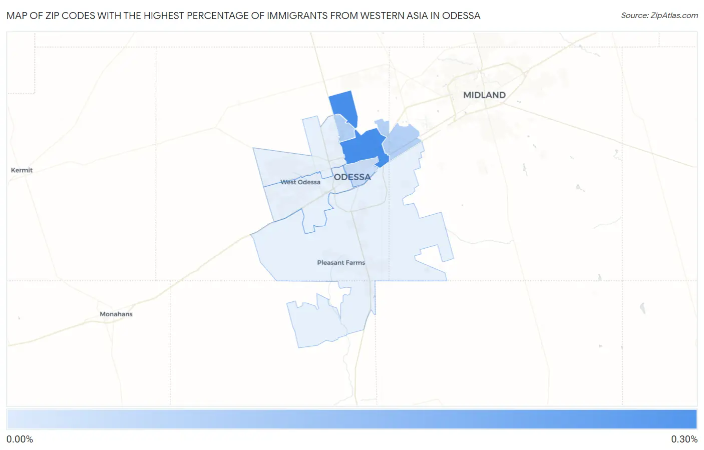 Zip Codes with the Highest Percentage of Immigrants from Western Asia in Odessa Map