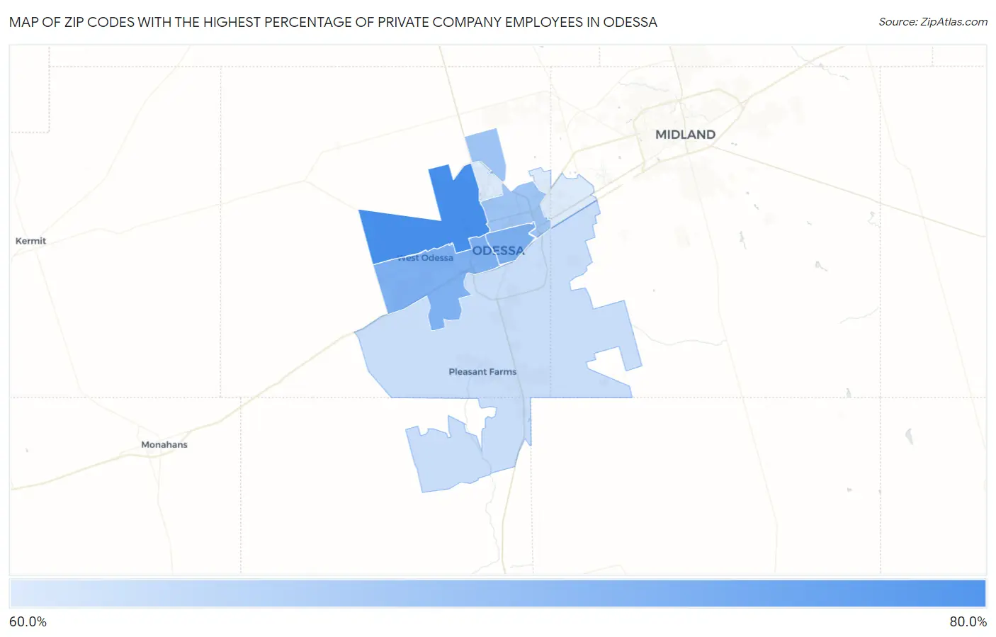 Zip Codes with the Highest Percentage of Private Company Employees in Odessa Map