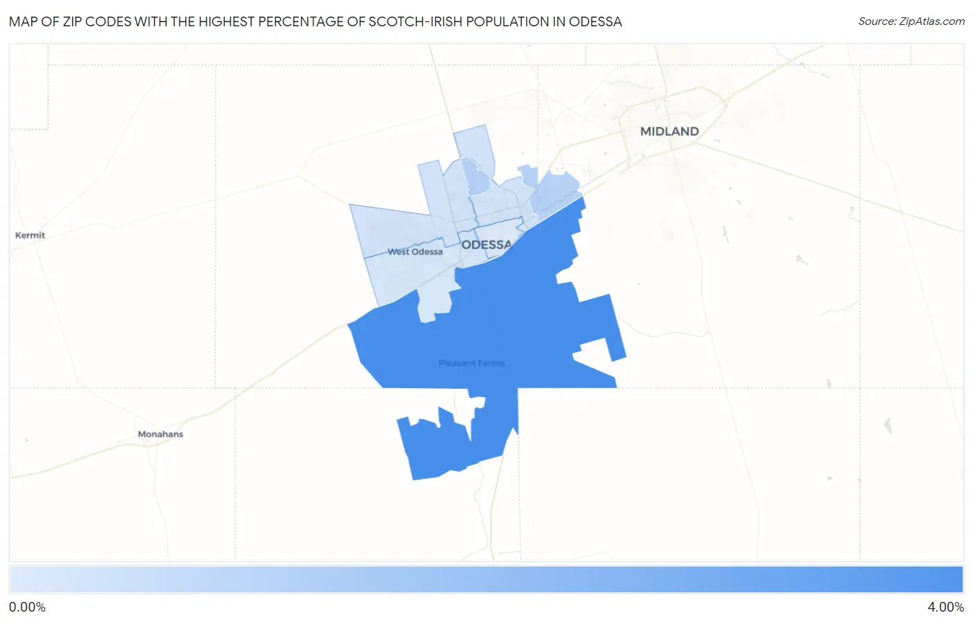 Zip Codes with the Highest Percentage of Scotch-Irish Population in Odessa Map