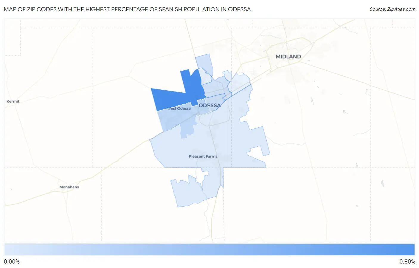Zip Codes with the Highest Percentage of Spanish Population in Odessa Map