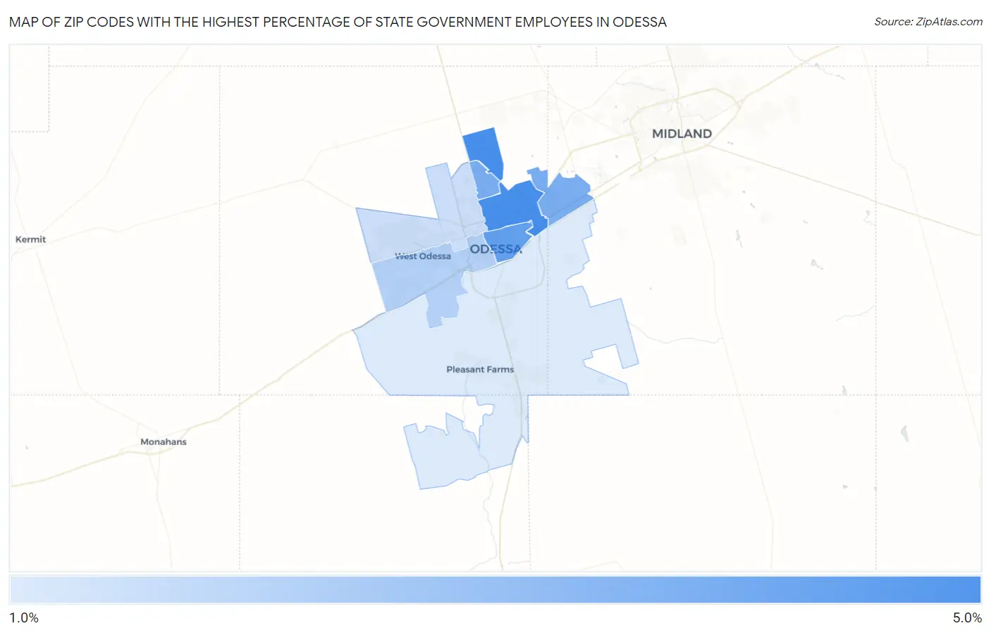Zip Codes with the Highest Percentage of State Government Employees in Odessa Map