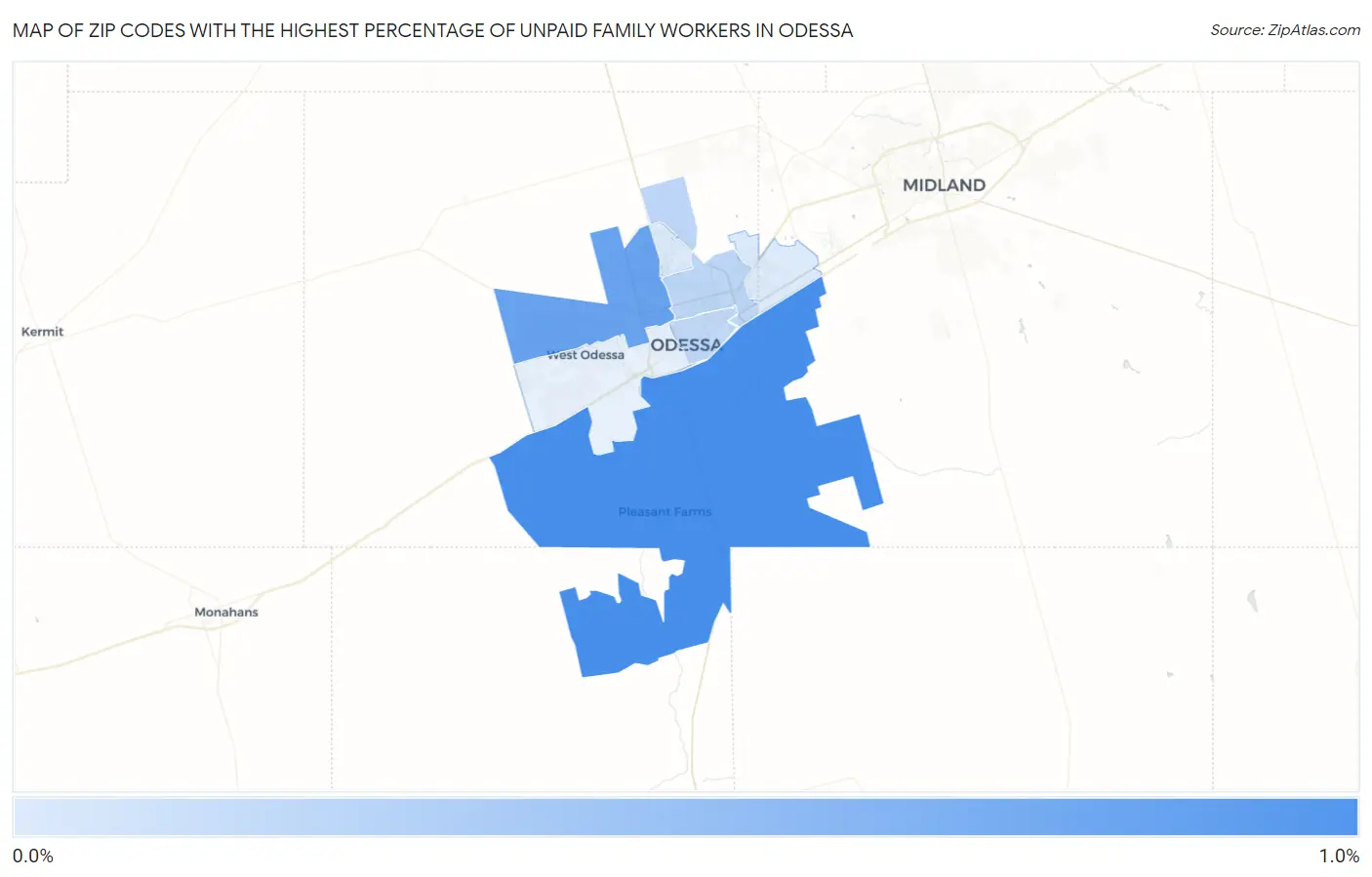 Zip Codes with the Highest Percentage of Unpaid Family Workers in Odessa Map