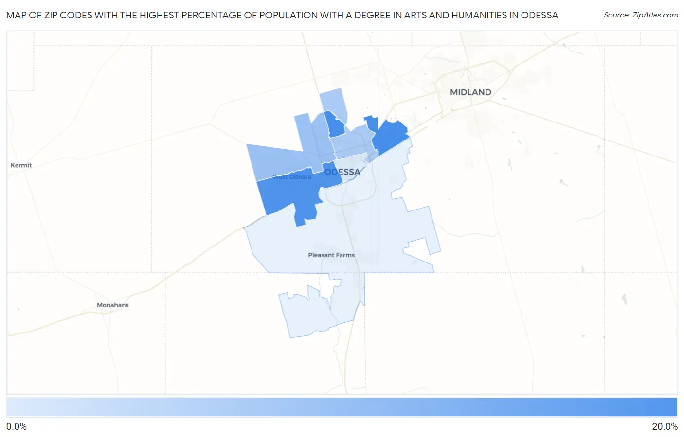 Zip Codes with the Highest Percentage of Population with a Degree in Arts and Humanities in Odessa Map