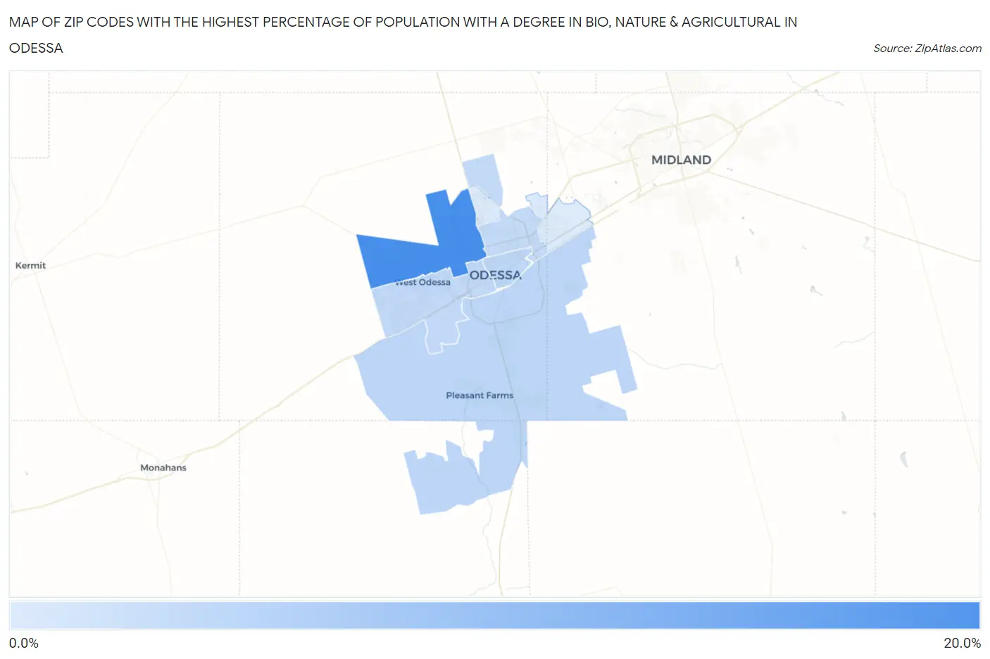 Zip Codes with the Highest Percentage of Population with a Degree in Bio, Nature & Agricultural in Odessa Map