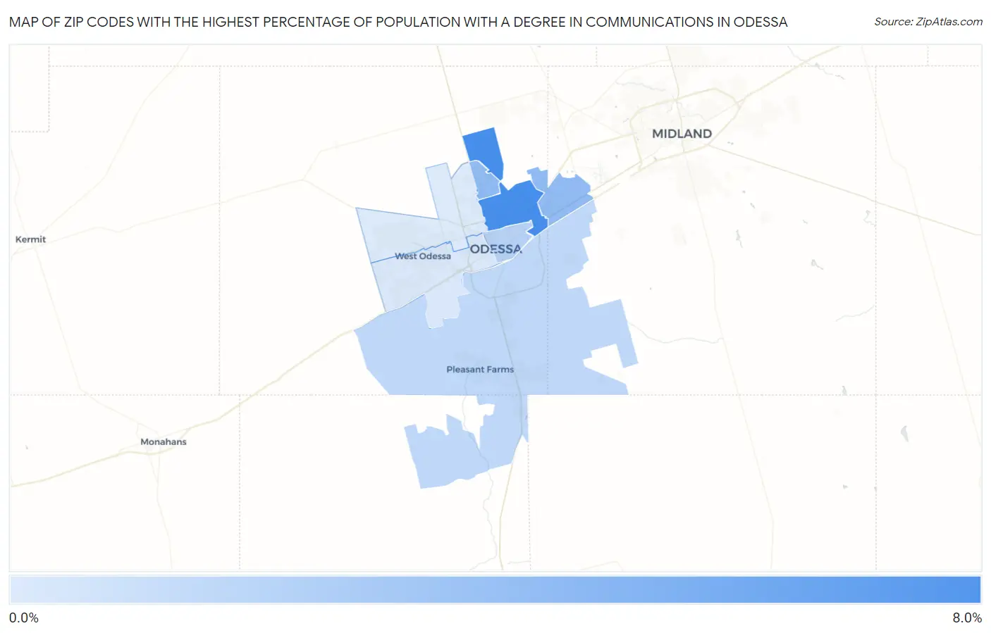 Zip Codes with the Highest Percentage of Population with a Degree in Communications in Odessa Map