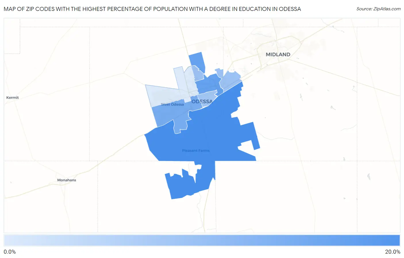 Zip Codes with the Highest Percentage of Population with a Degree in Education in Odessa Map