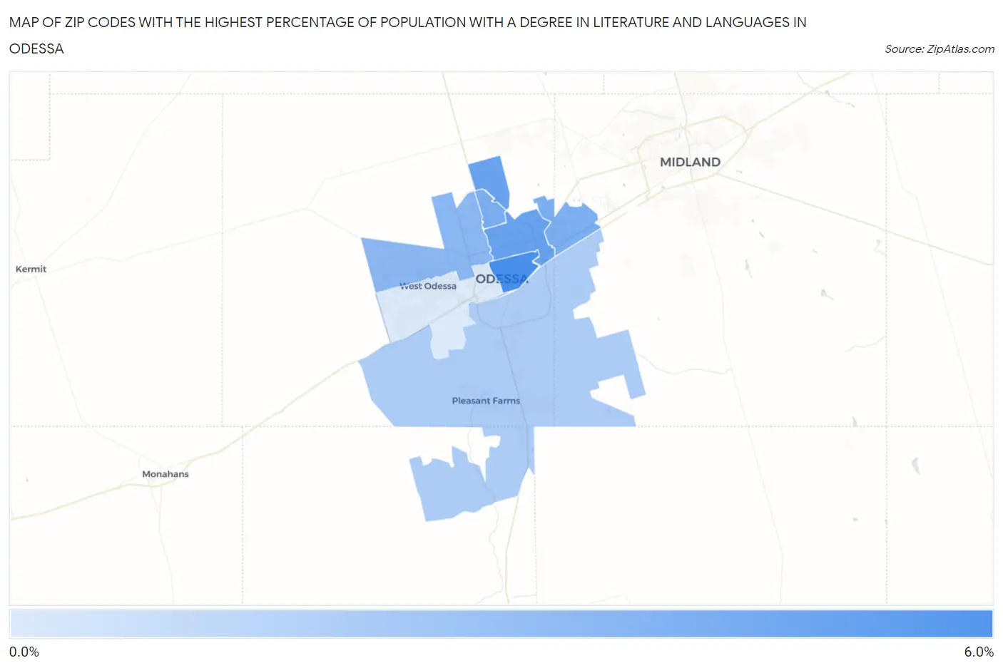 Zip Codes with the Highest Percentage of Population with a Degree in Literature and Languages in Odessa Map
