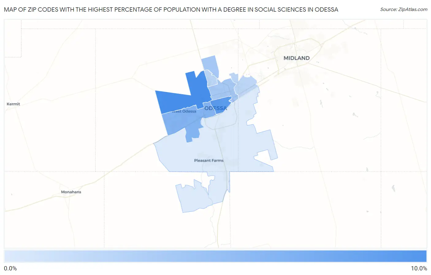 Zip Codes with the Highest Percentage of Population with a Degree in Social Sciences in Odessa Map