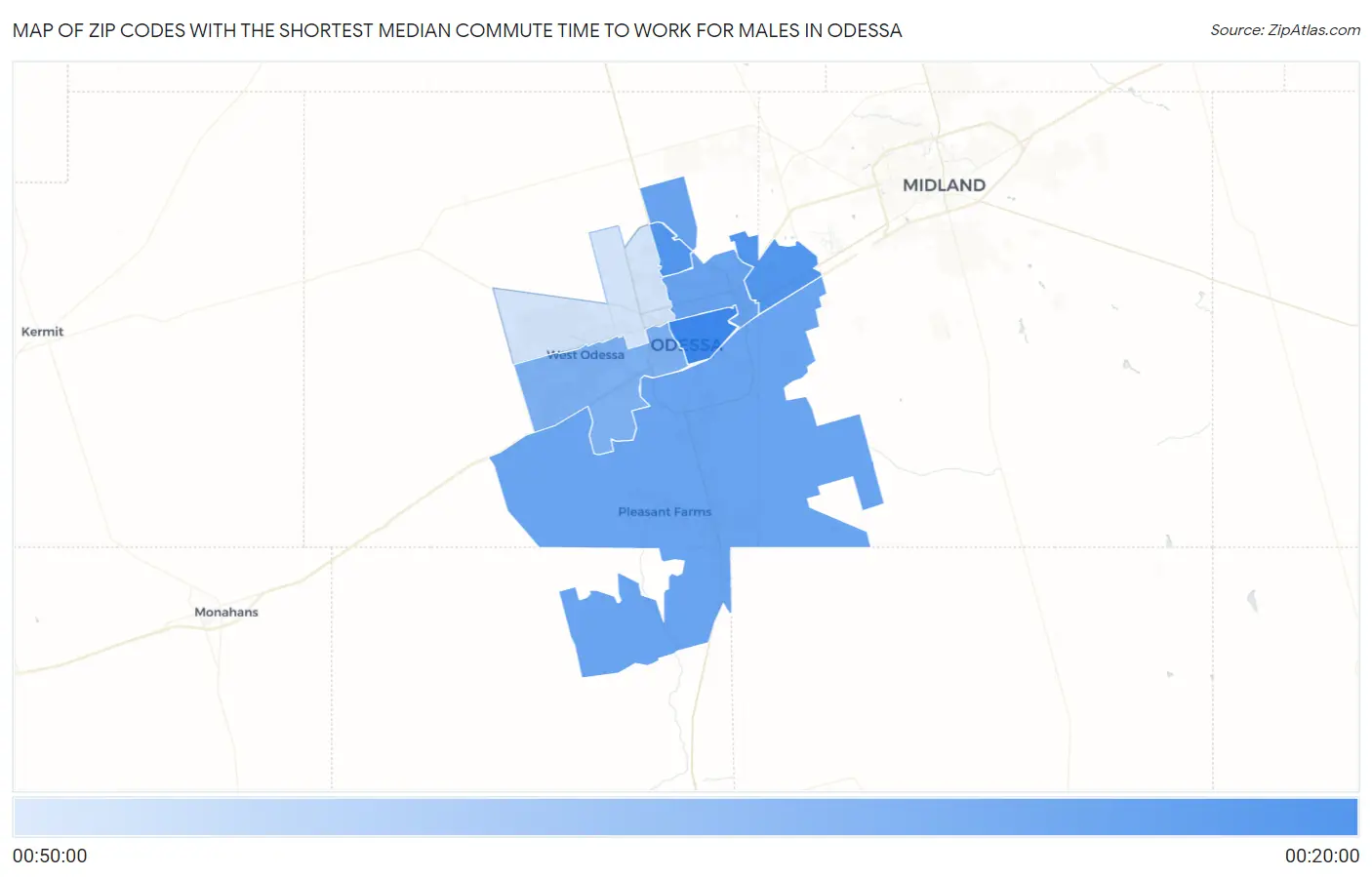 Zip Codes with the Shortest Median Commute Time to Work for Males in Odessa Map