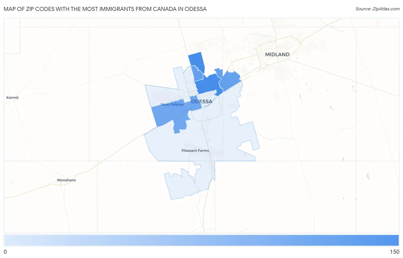 Zip Codes with the Most Immigrants from Canada in Odessa Map
