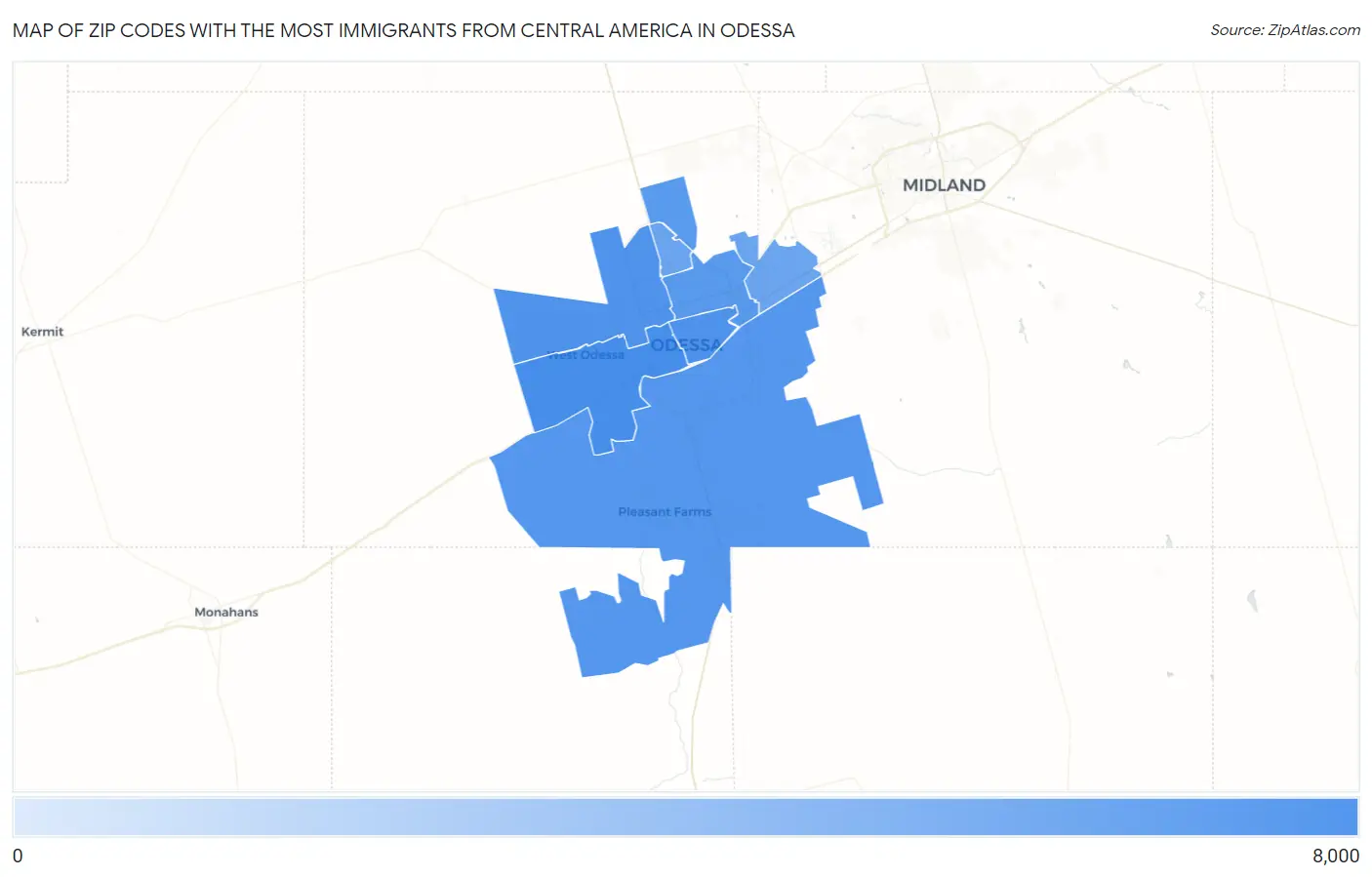 Zip Codes with the Most Immigrants from Central America in Odessa Map