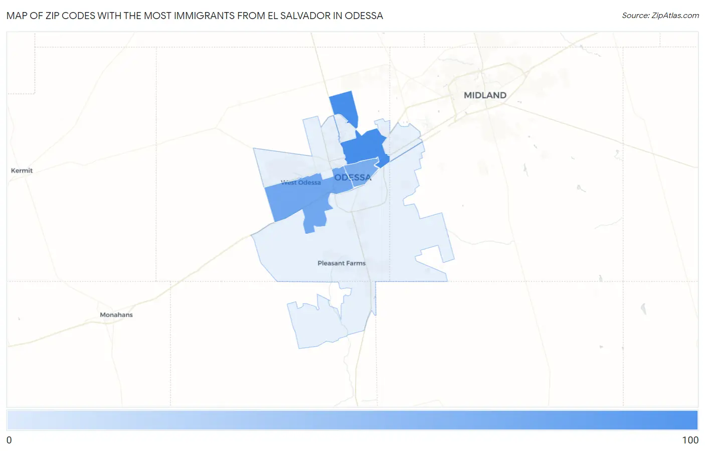 Zip Codes with the Most Immigrants from El Salvador in Odessa Map