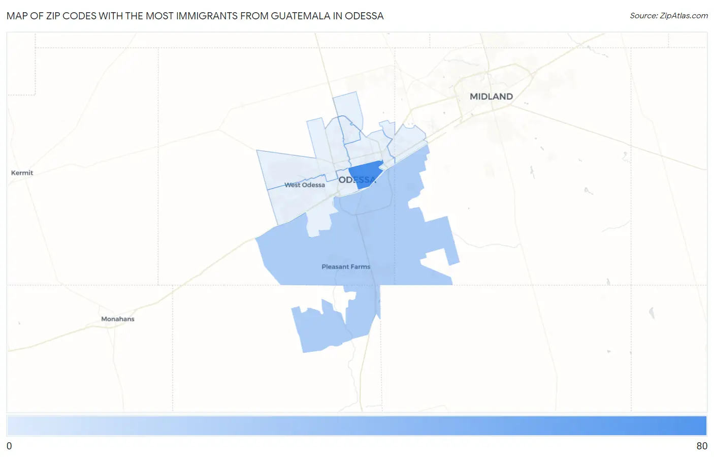 Zip Codes with the Most Immigrants from Guatemala in Odessa Map