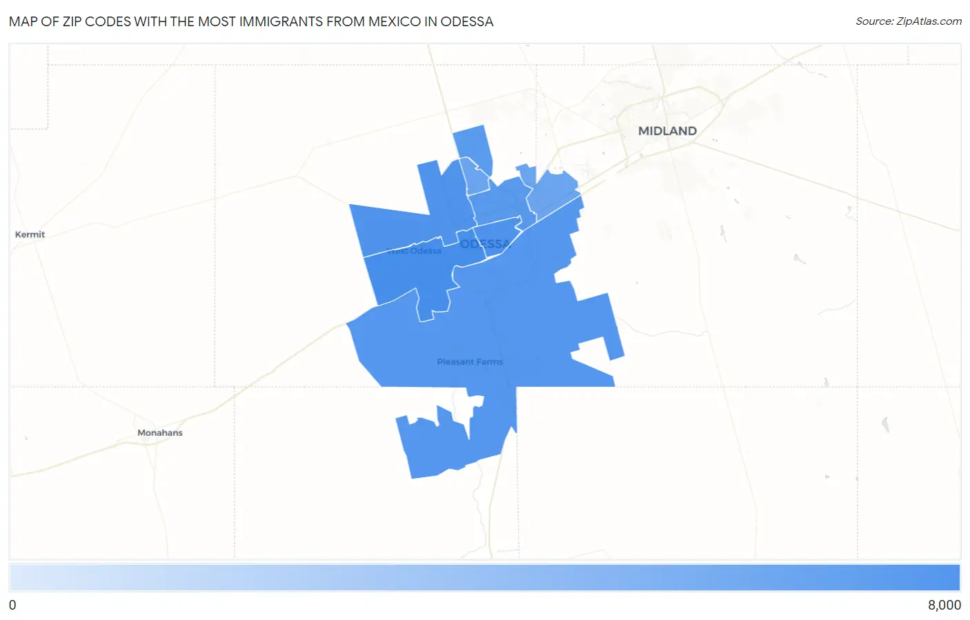 Zip Codes with the Most Immigrants from Mexico in Odessa Map