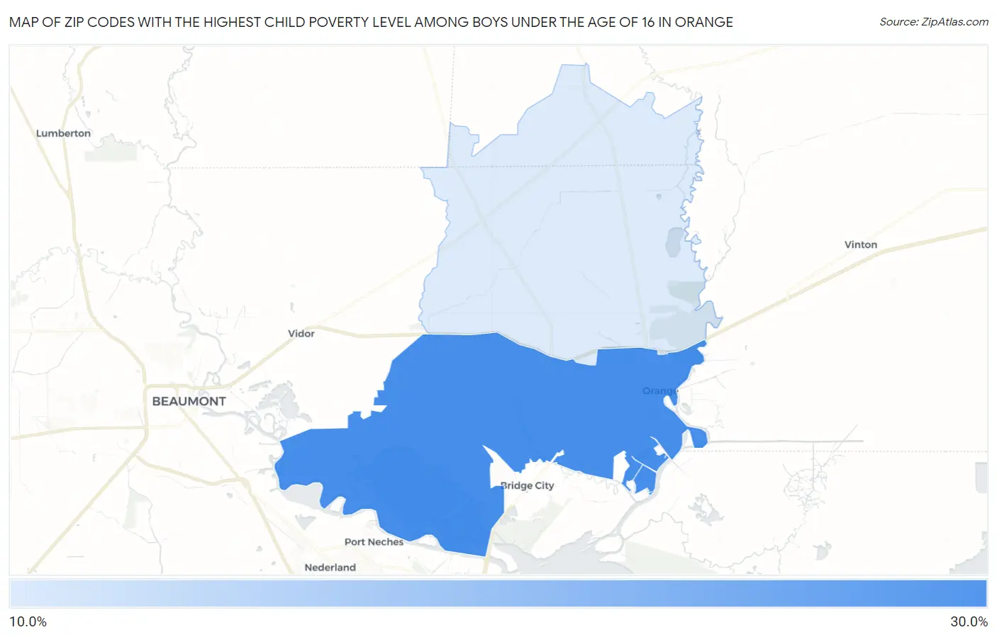 Zip Codes with the Highest Child Poverty Level Among Boys Under the Age of 16 in Orange Map