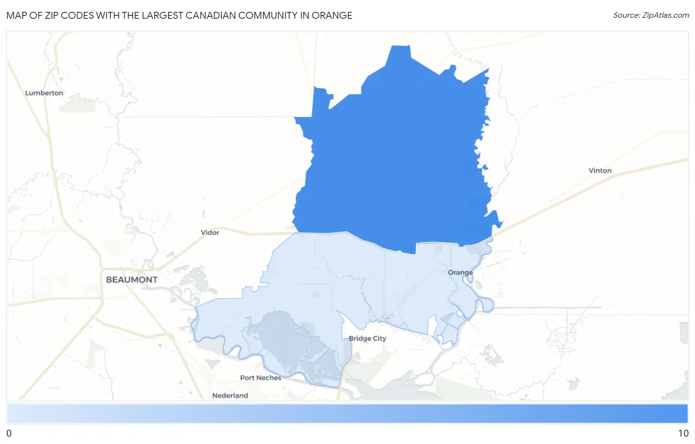Zip Codes with the Largest Canadian Community in Orange Map