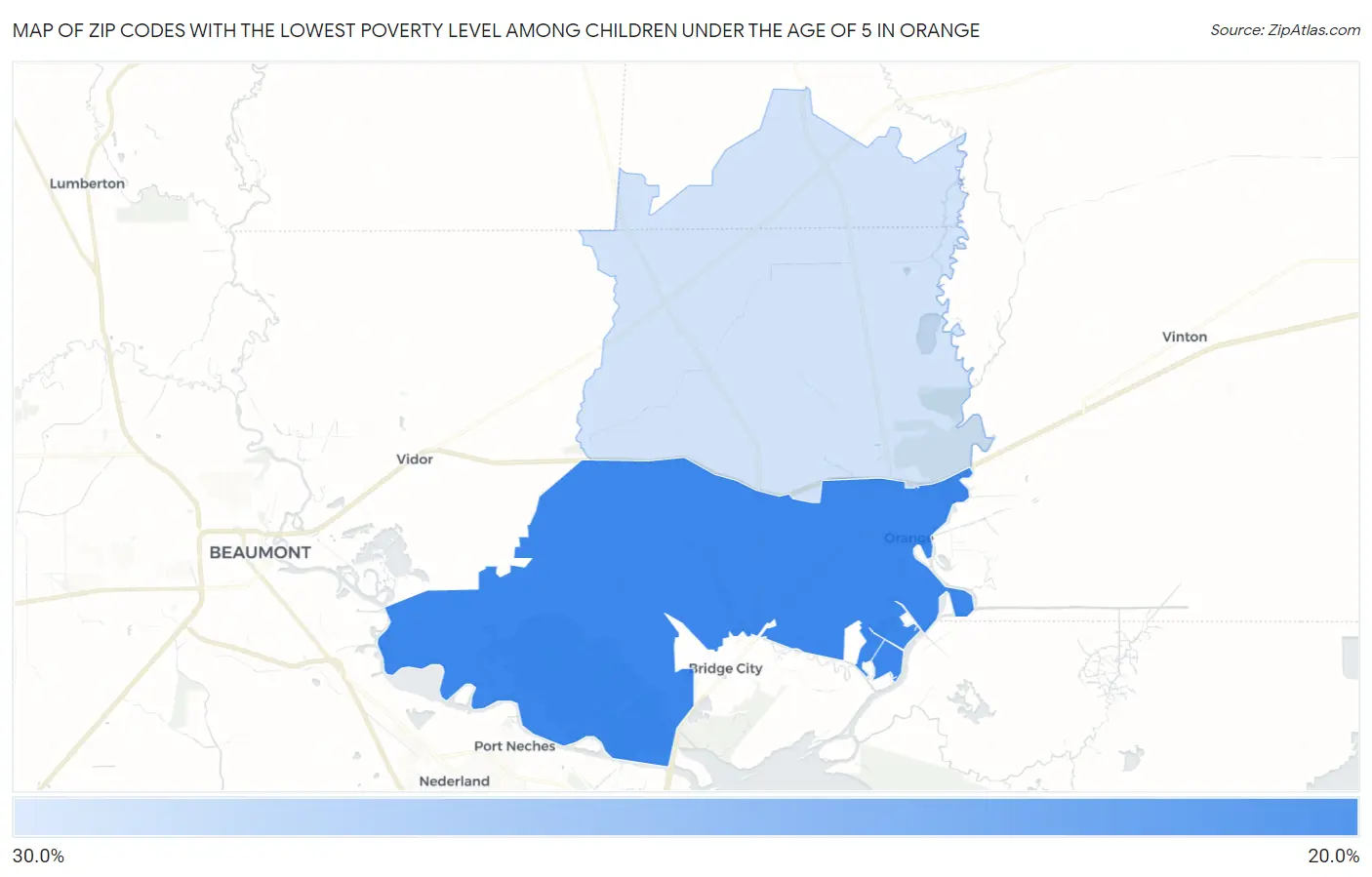 Zip Codes with the Lowest Poverty Level Among Children Under the Age of 5 in Orange Map