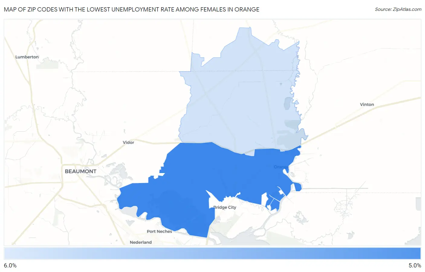 Zip Codes with the Lowest Unemployment Rate Among Females in Orange Map