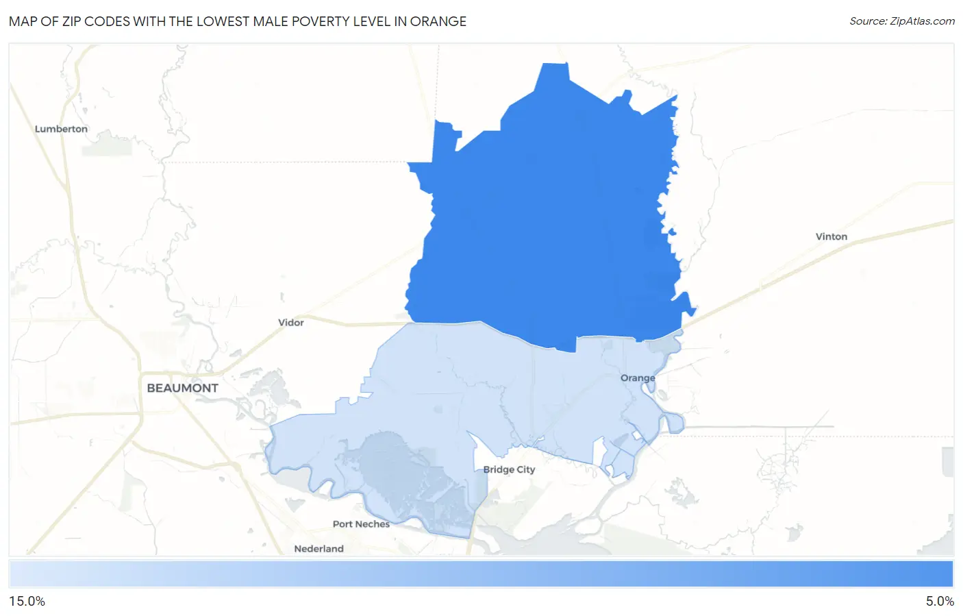Zip Codes with the Lowest Male Poverty Level in Orange Map
