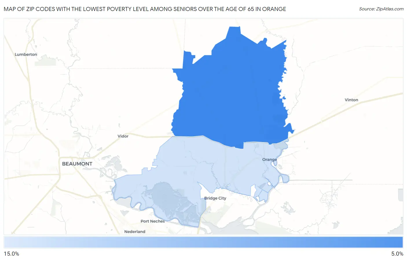 Zip Codes with the Lowest Poverty Level Among Seniors Over the Age of 65 in Orange Map