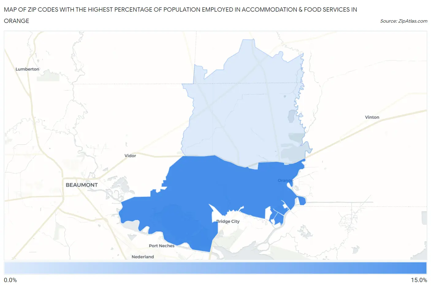 Zip Codes with the Highest Percentage of Population Employed in Accommodation & Food Services in Orange Map