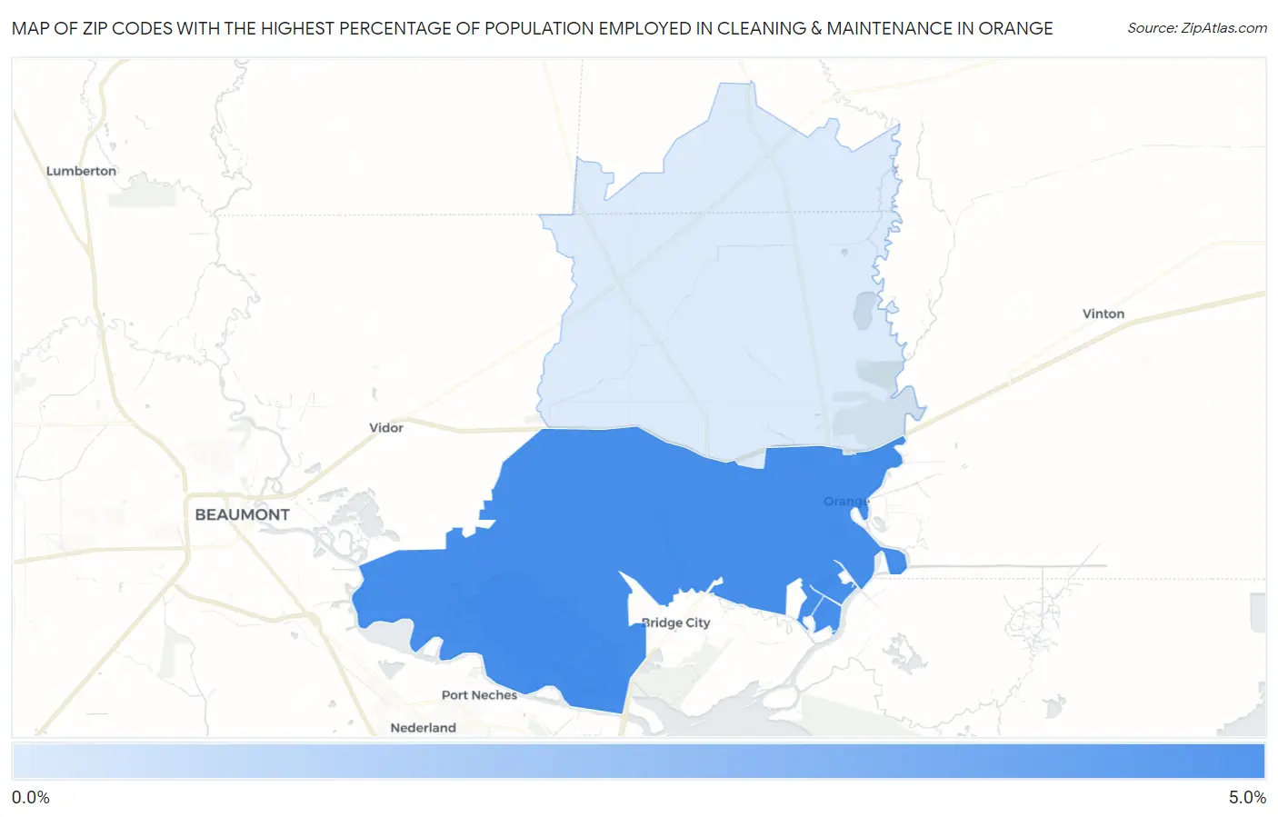 Zip Codes with the Highest Percentage of Population Employed in Cleaning & Maintenance in Orange Map