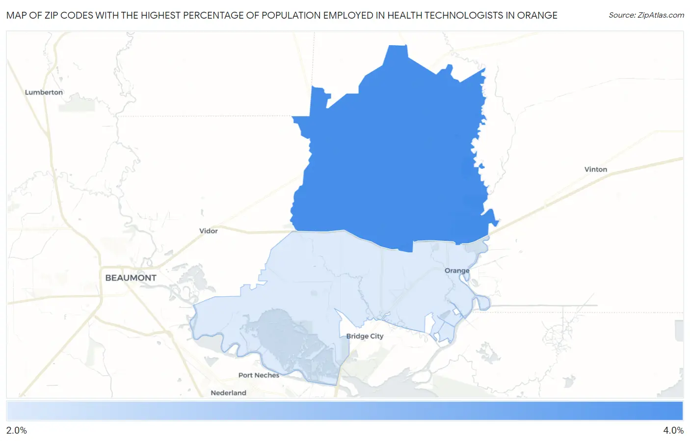 Zip Codes with the Highest Percentage of Population Employed in Health Technologists in Orange Map