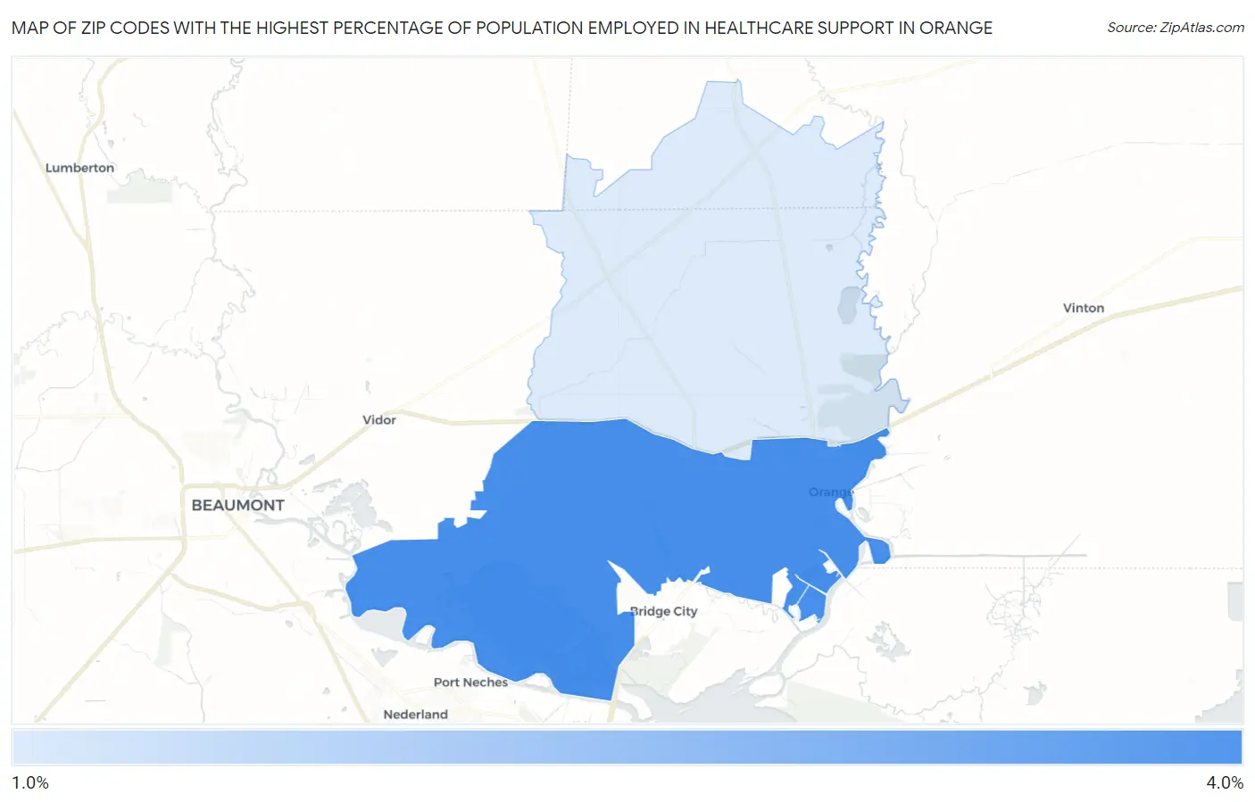 Zip Codes with the Highest Percentage of Population Employed in Healthcare Support in Orange Map