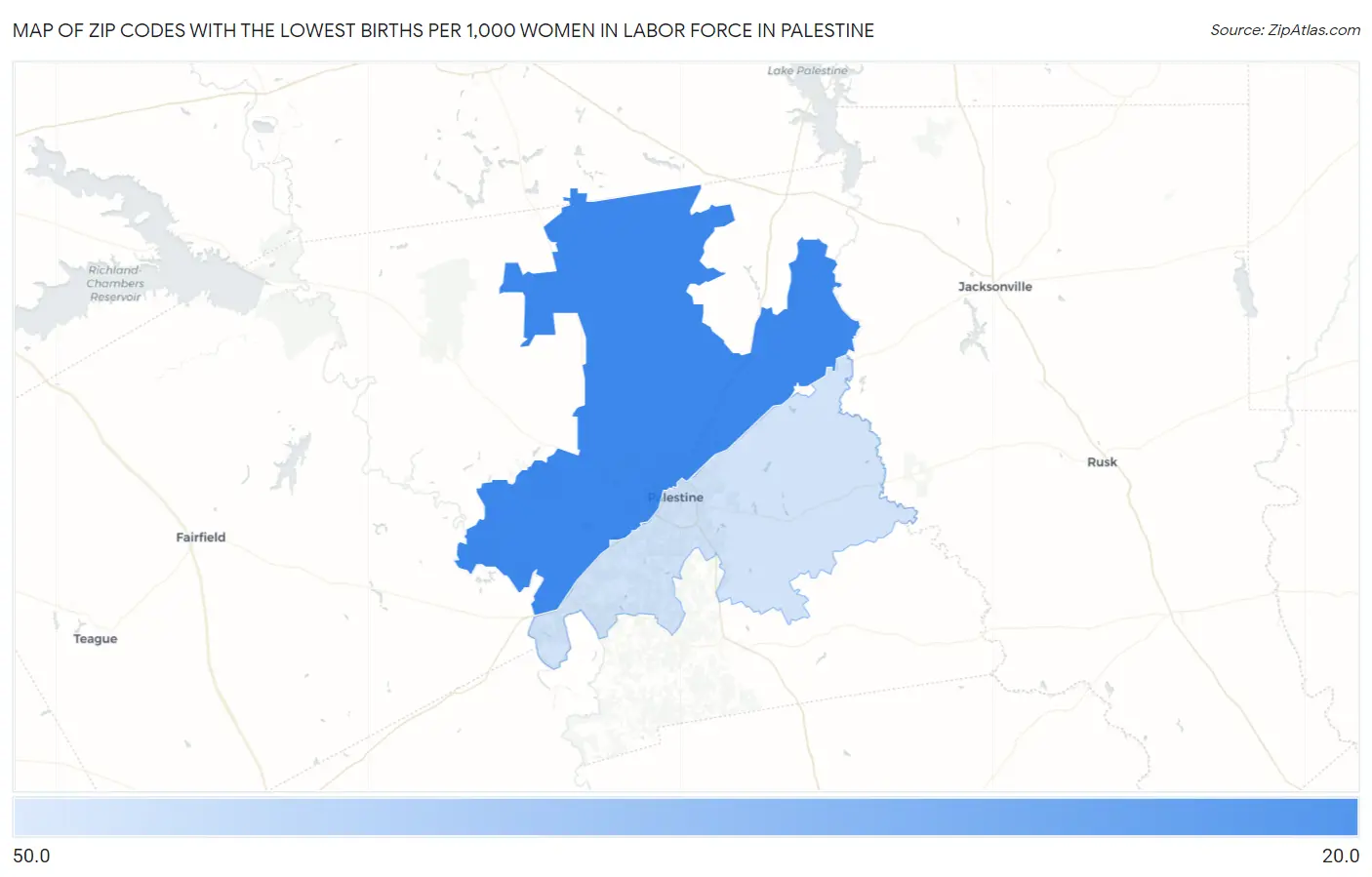 Zip Codes with the Lowest Births per 1,000 Women in Labor Force in Palestine Map