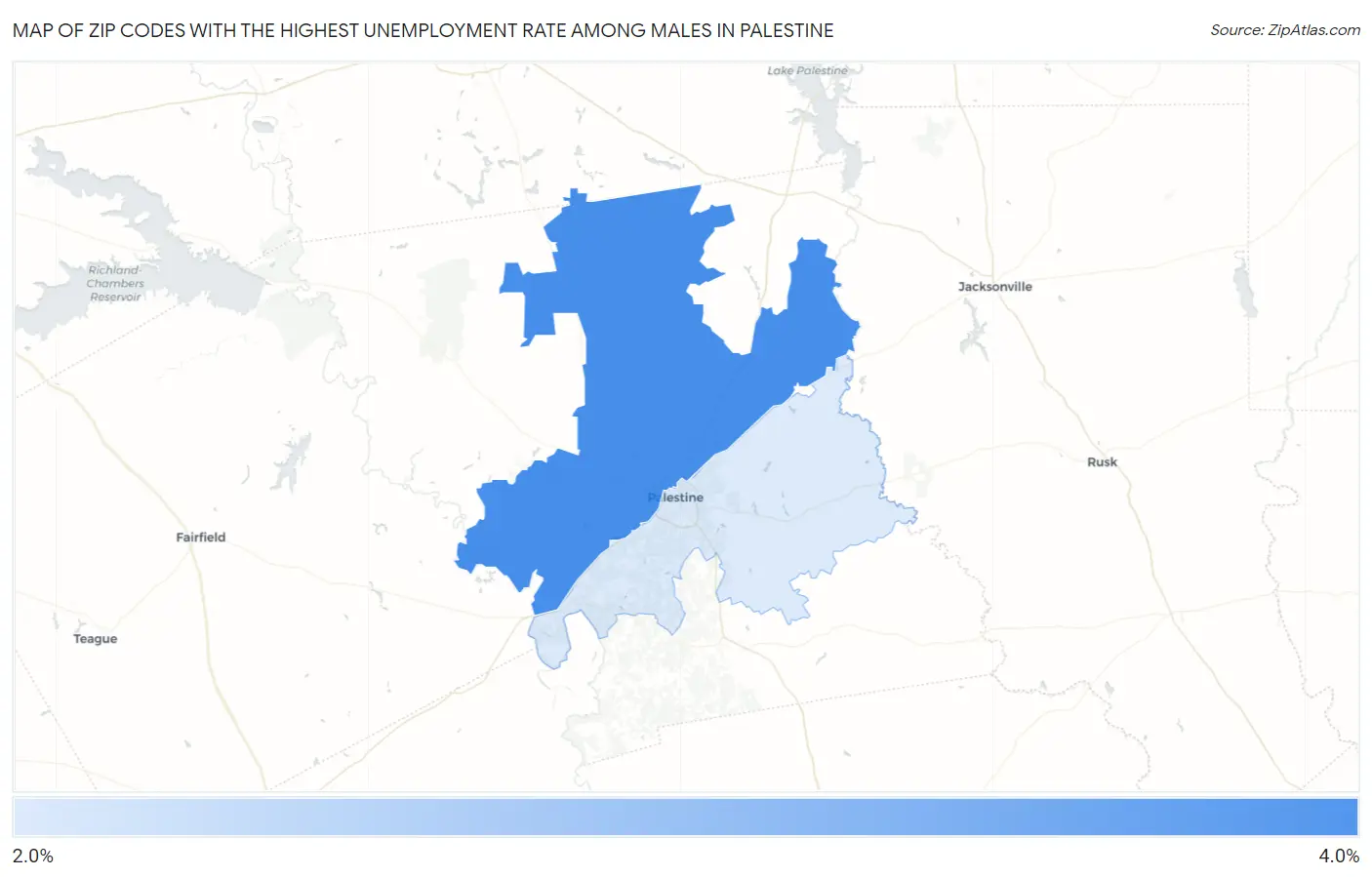 Zip Codes with the Highest Unemployment Rate Among Males in Palestine Map