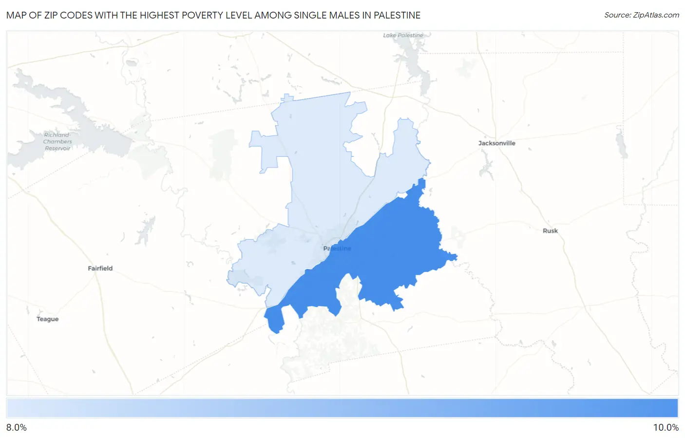 Zip Codes with the Highest Poverty Level Among Single Males in Palestine Map