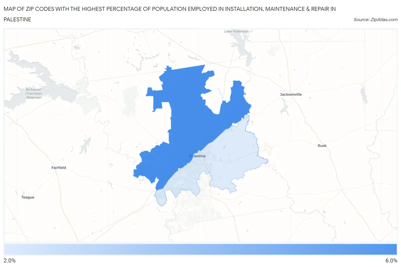 Zip Codes with the Highest Percentage of Population Employed in Installation, Maintenance & Repair in Palestine Map