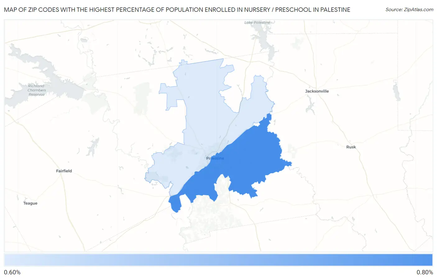 Zip Codes with the Highest Percentage of Population Enrolled in Nursery / Preschool in Palestine Map