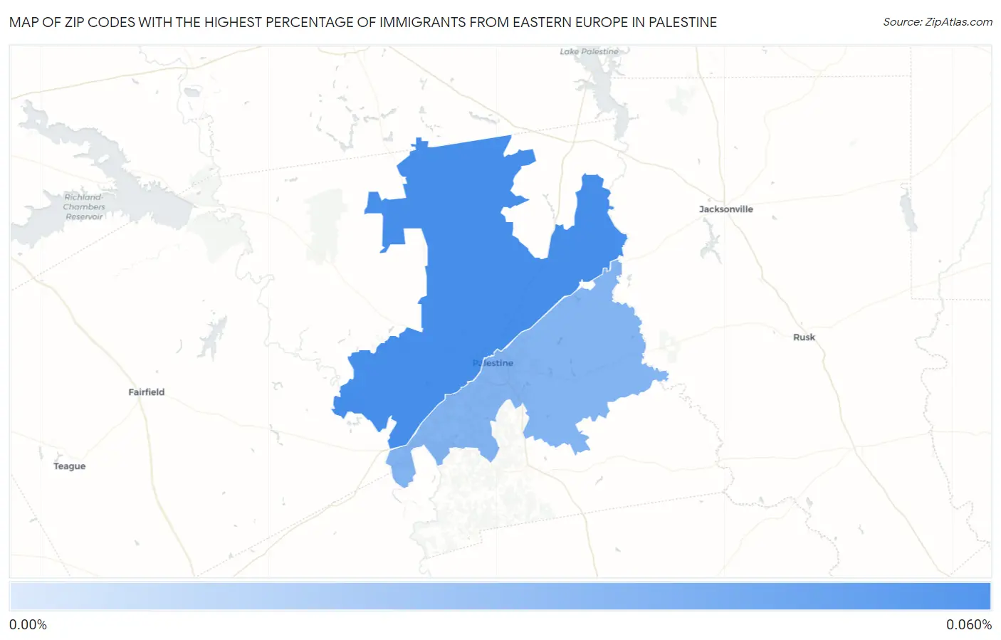 Zip Codes with the Highest Percentage of Immigrants from Eastern Europe in Palestine Map