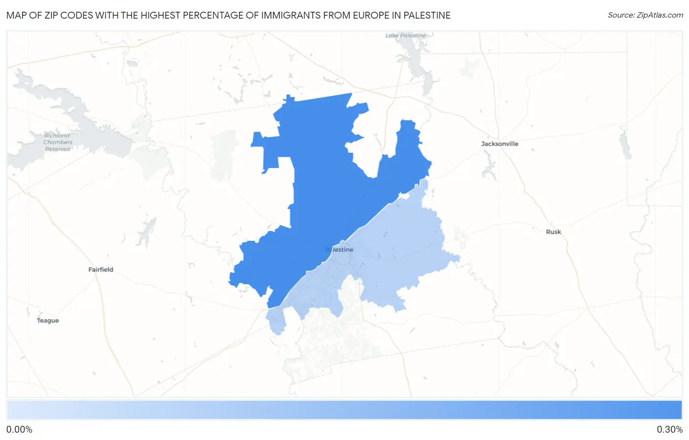 Zip Codes with the Highest Percentage of Immigrants from Europe in Palestine Map
