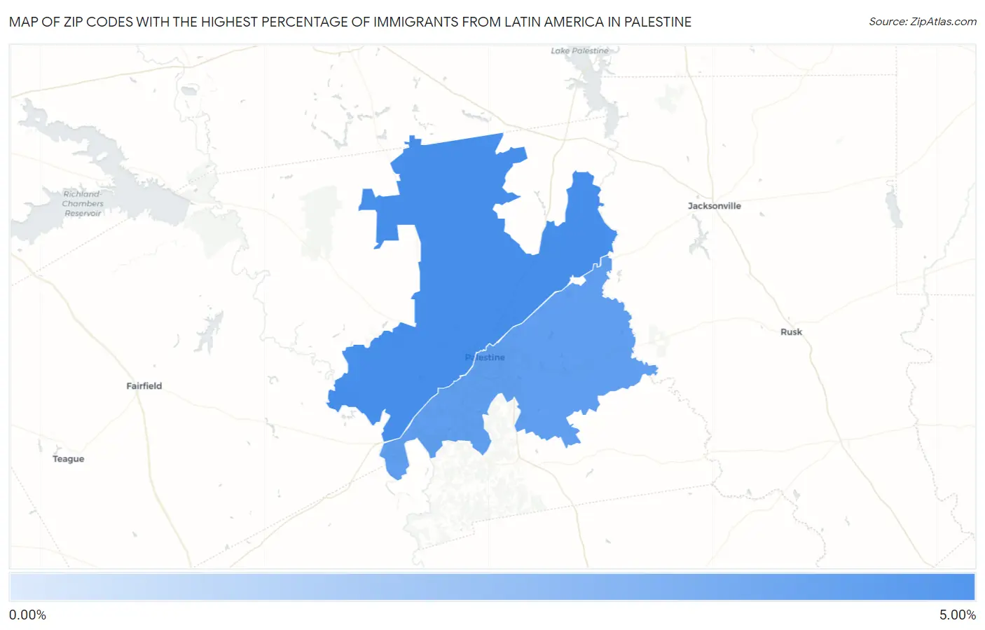 Zip Codes with the Highest Percentage of Immigrants from Latin America in Palestine Map