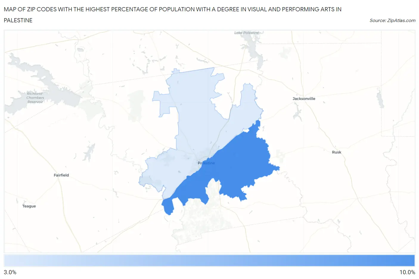 Zip Codes with the Highest Percentage of Population with a Degree in Visual and Performing Arts in Palestine Map
