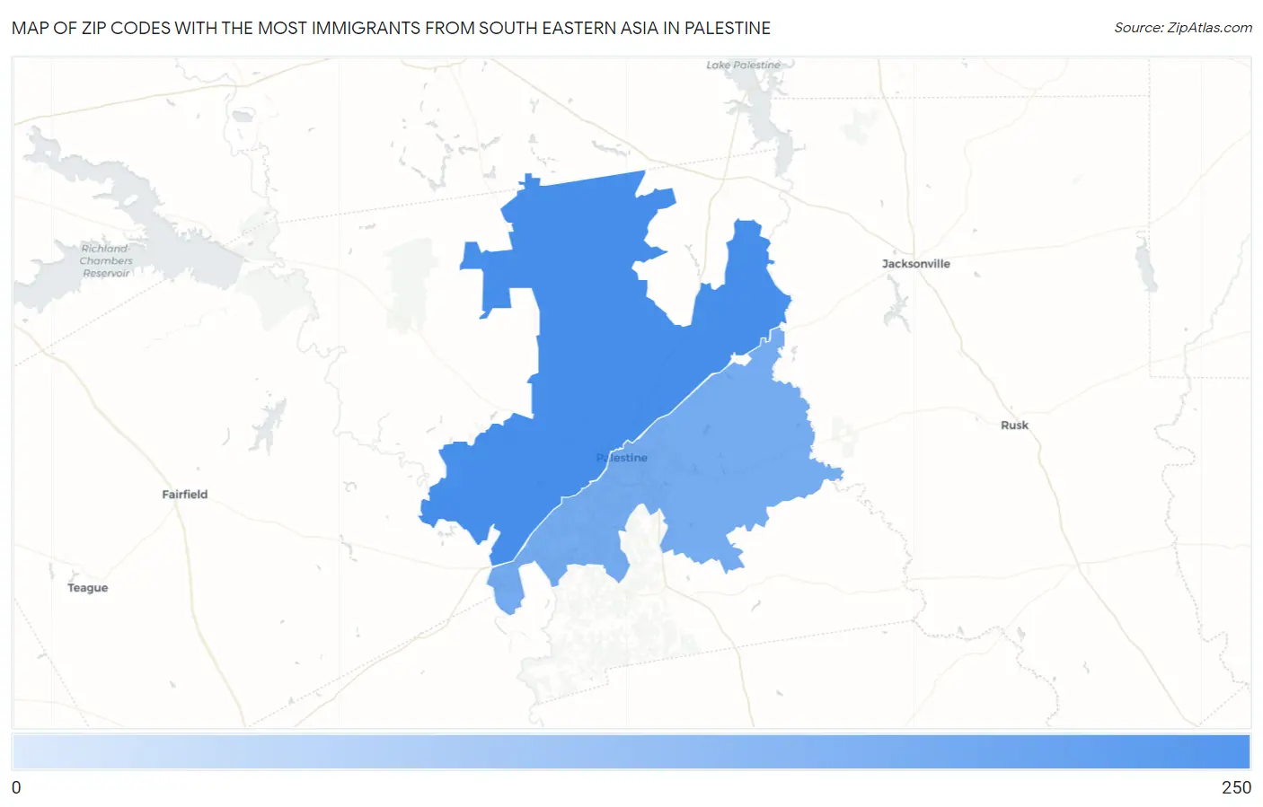 Zip Codes with the Most Immigrants from South Eastern Asia in Palestine Map