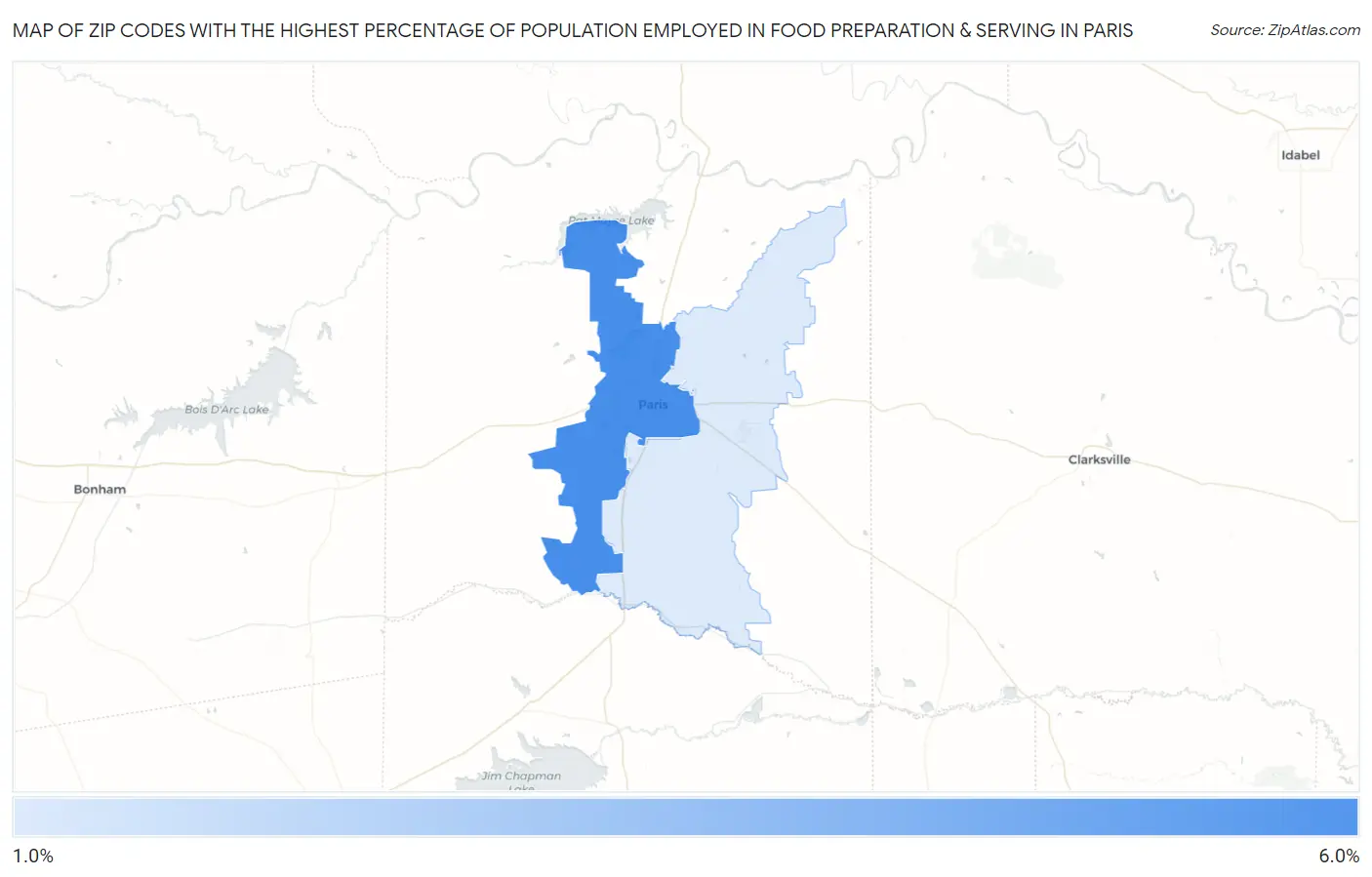 Zip Codes with the Highest Percentage of Population Employed in Food Preparation & Serving in Paris Map