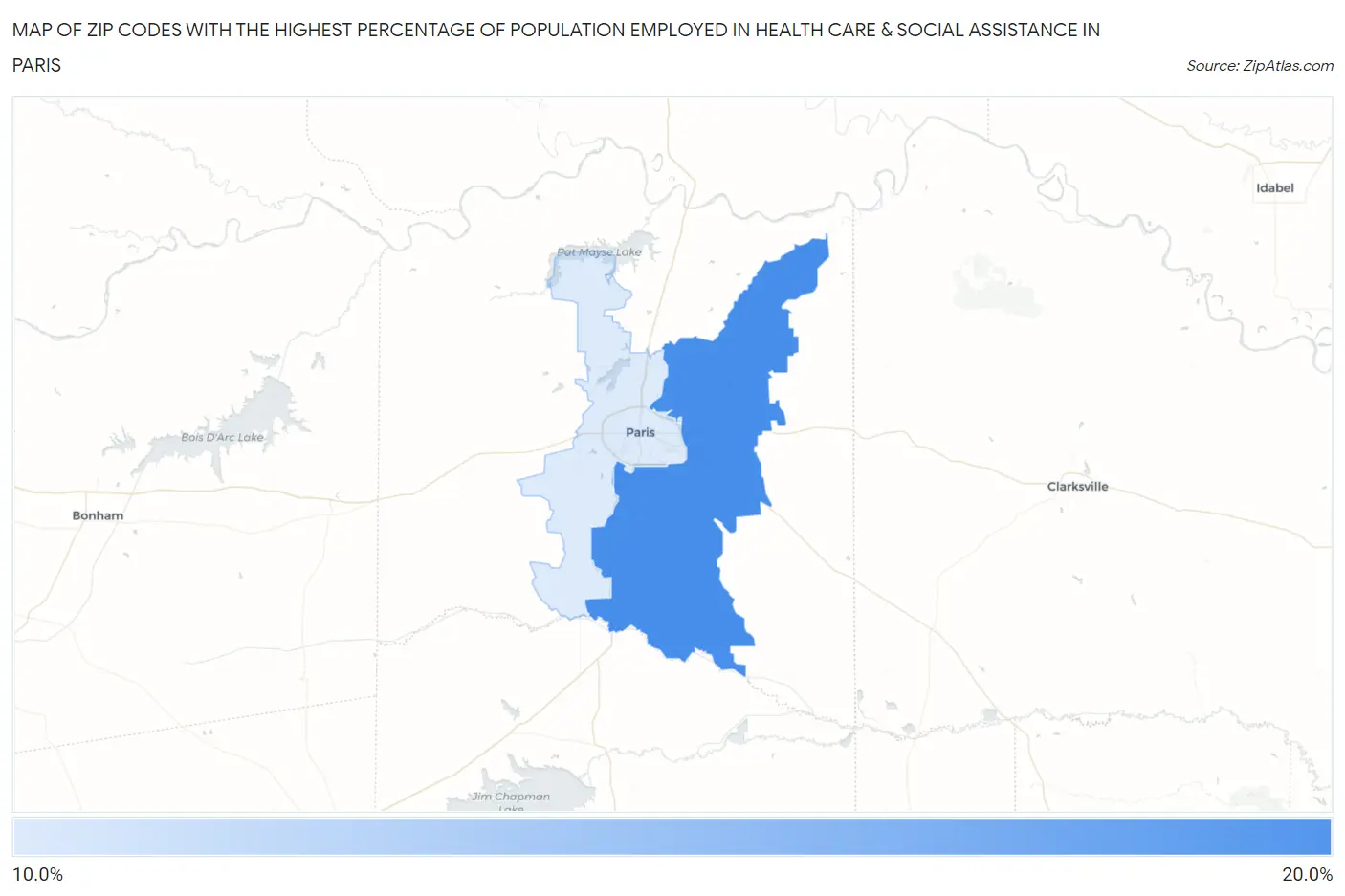 Zip Codes with the Highest Percentage of Population Employed in Health Care & Social Assistance in Paris Map