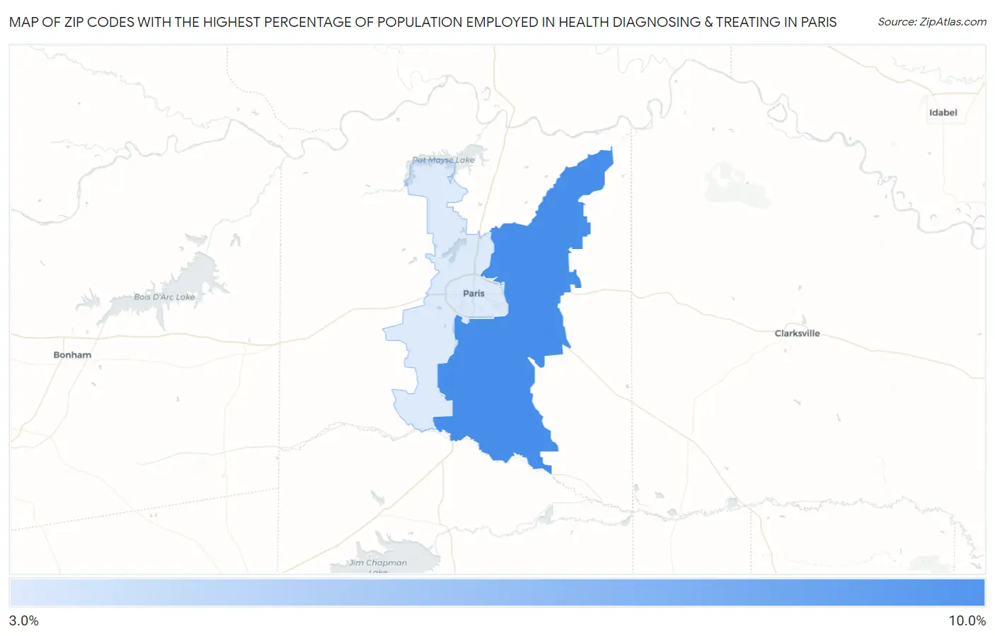 Zip Codes with the Highest Percentage of Population Employed in Health Diagnosing & Treating in Paris Map