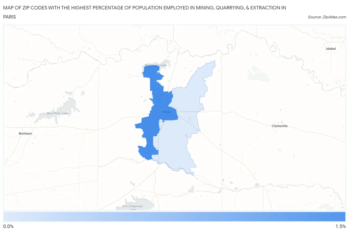 Zip Codes with the Highest Percentage of Population Employed in Mining, Quarrying, & Extraction in Paris Map