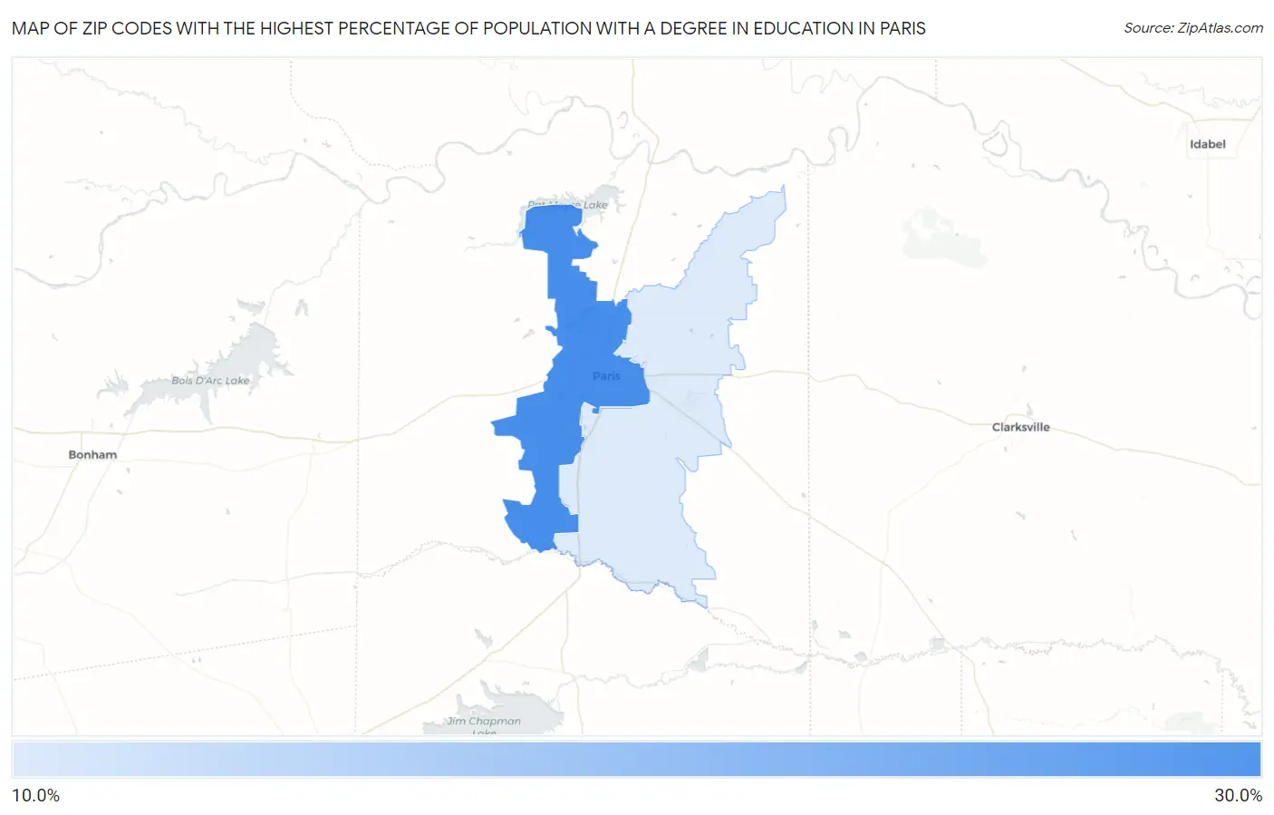 Zip Codes with the Highest Percentage of Population with a Degree in Education in Paris Map