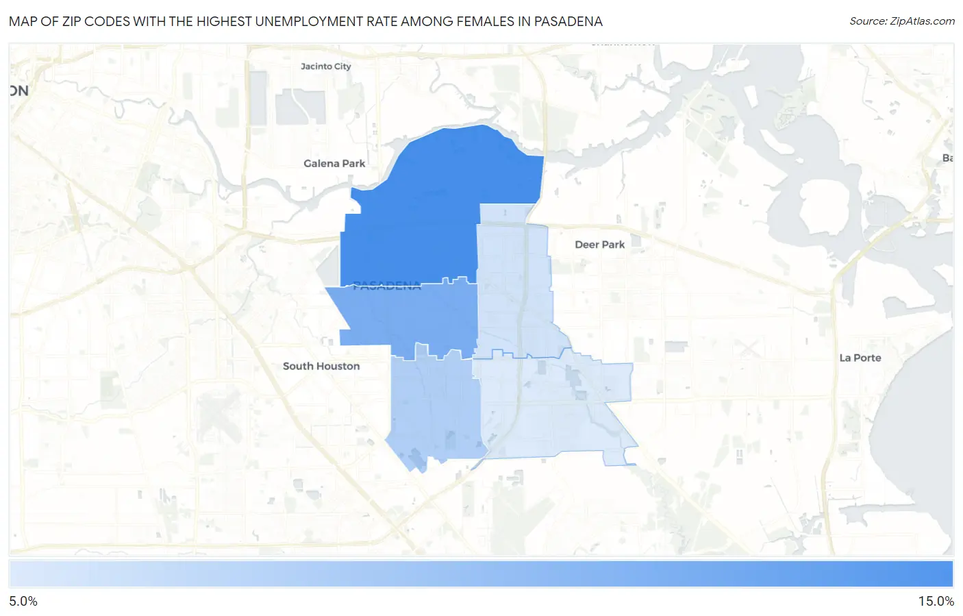 Zip Codes with the Highest Unemployment Rate Among Females in Pasadena Map