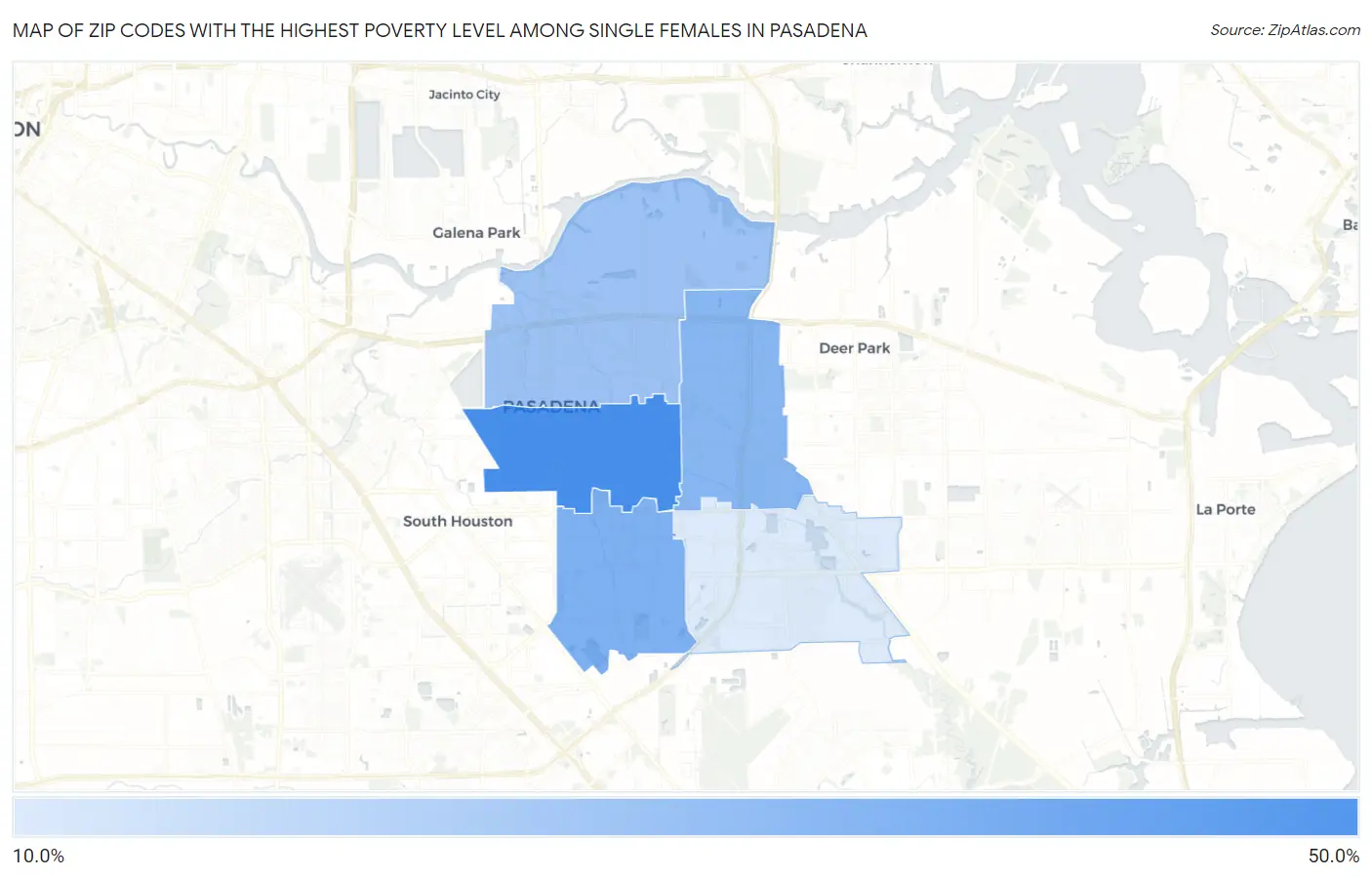 Zip Codes with the Highest Poverty Level Among Single Females in Pasadena Map