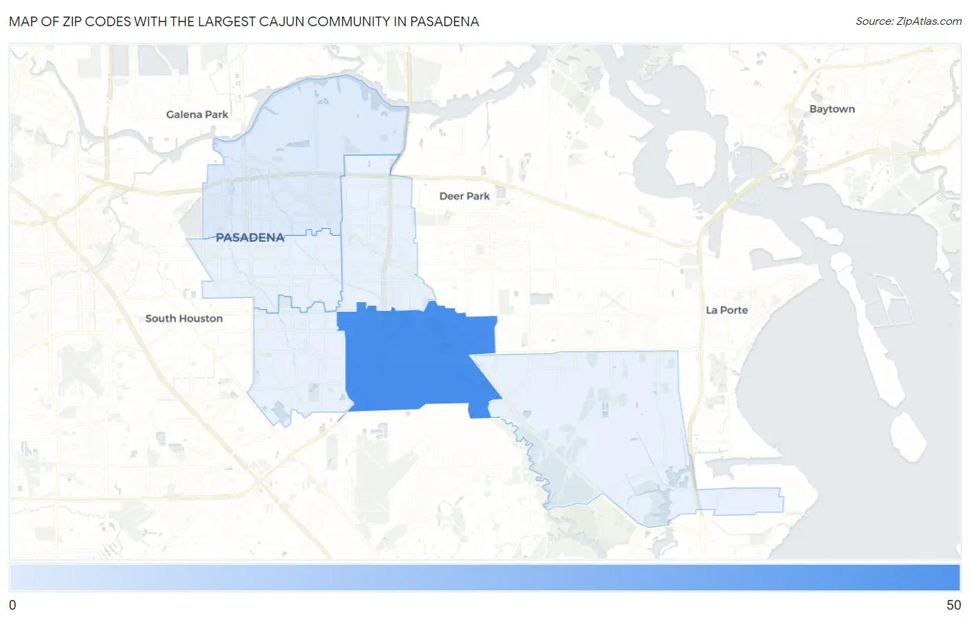 Zip Codes with the Largest Cajun Community in Pasadena Map