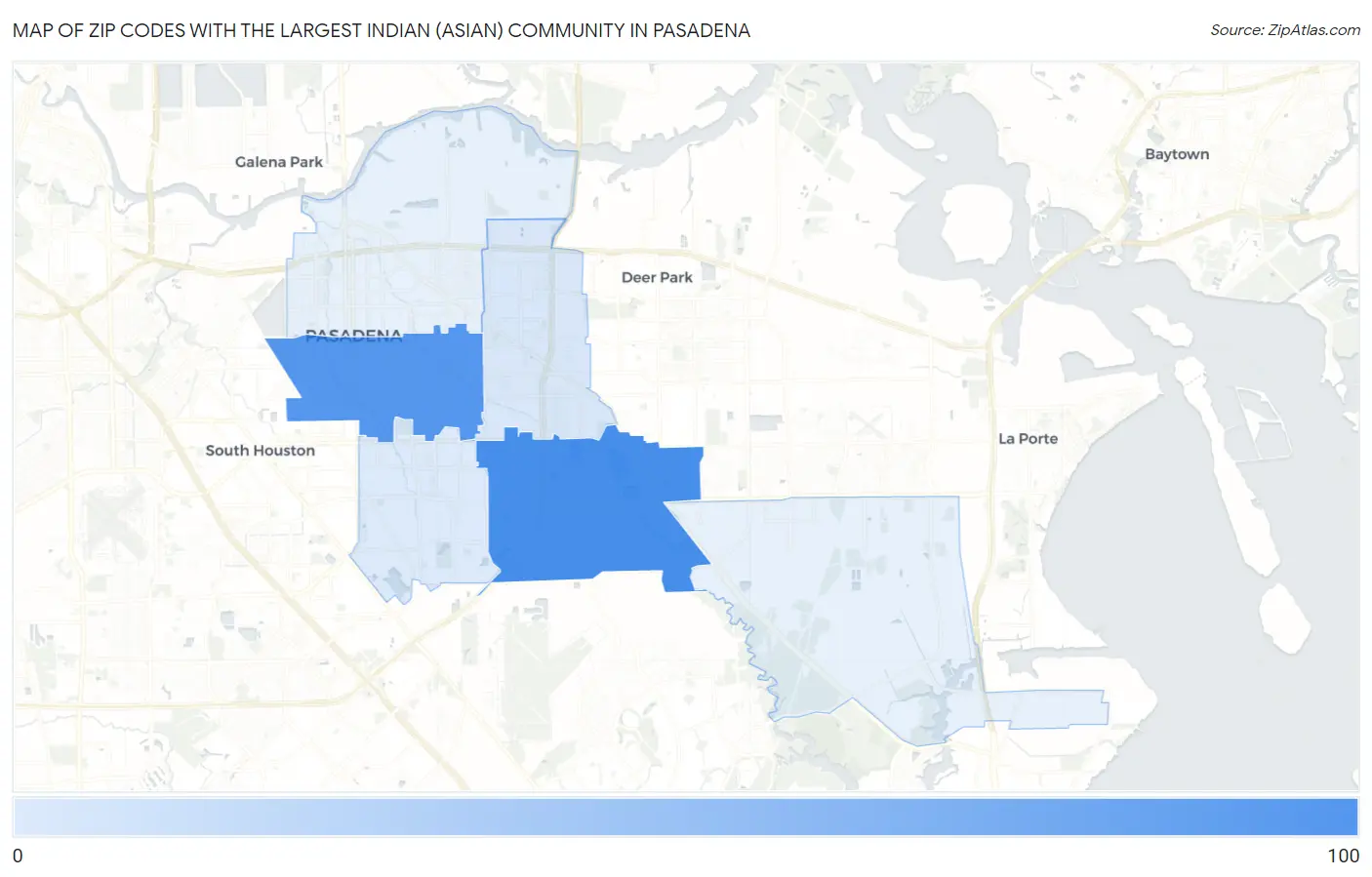 Zip Codes with the Largest Indian (Asian) Community in Pasadena Map