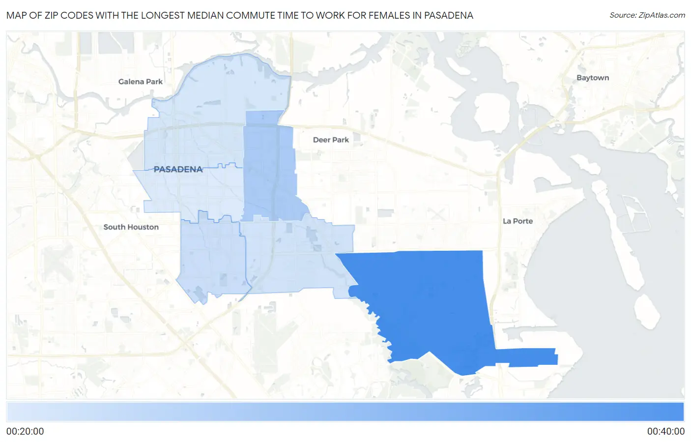 Zip Codes with the Longest Median Commute Time to Work for Females in Pasadena Map